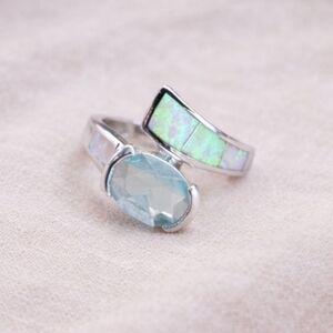 Rhodium Sterling Silver With Inlay Created Opal & Blue Topaz CZ - Size 6